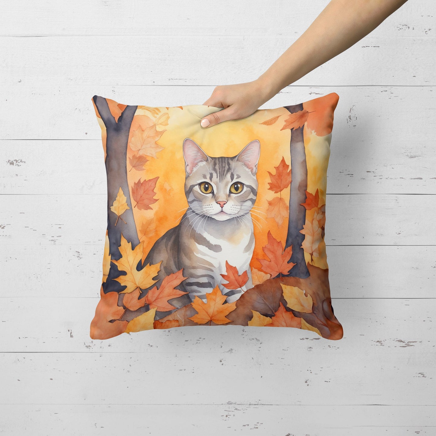 European Shorthair Cat in Fall Leaves Throw Pillow-1