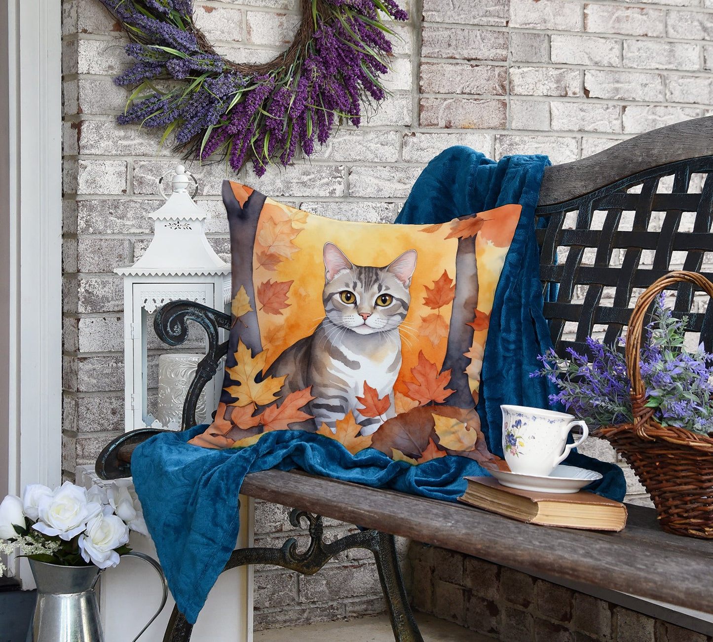 European Shorthair Cat in Fall Leaves Throw Pillow-3