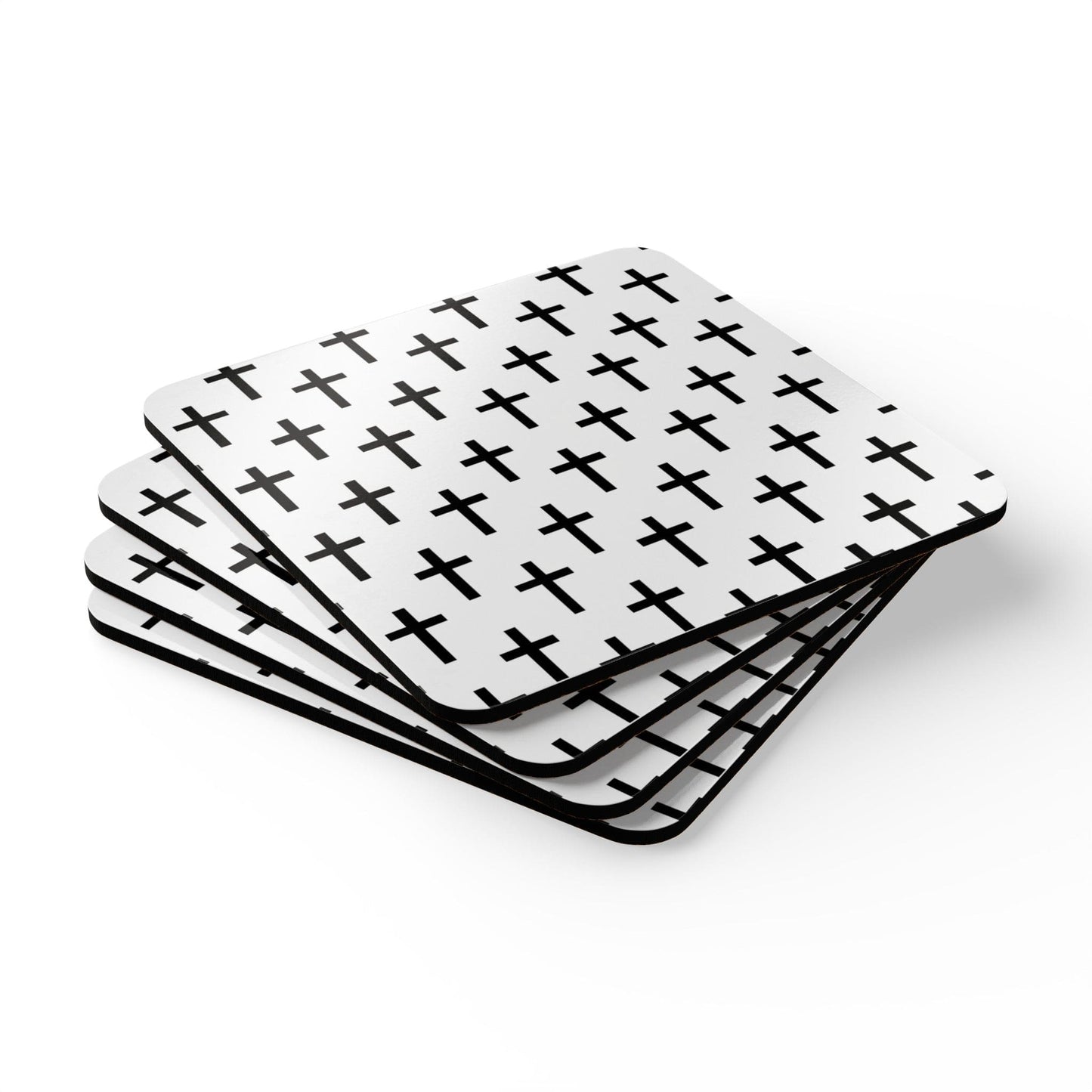 Handcrafted Square Coaster Set of 4 White Black Cross Print-2