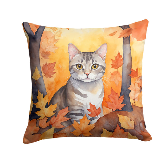 European Shorthair Cat in Fall Leaves Throw Pillow-0
