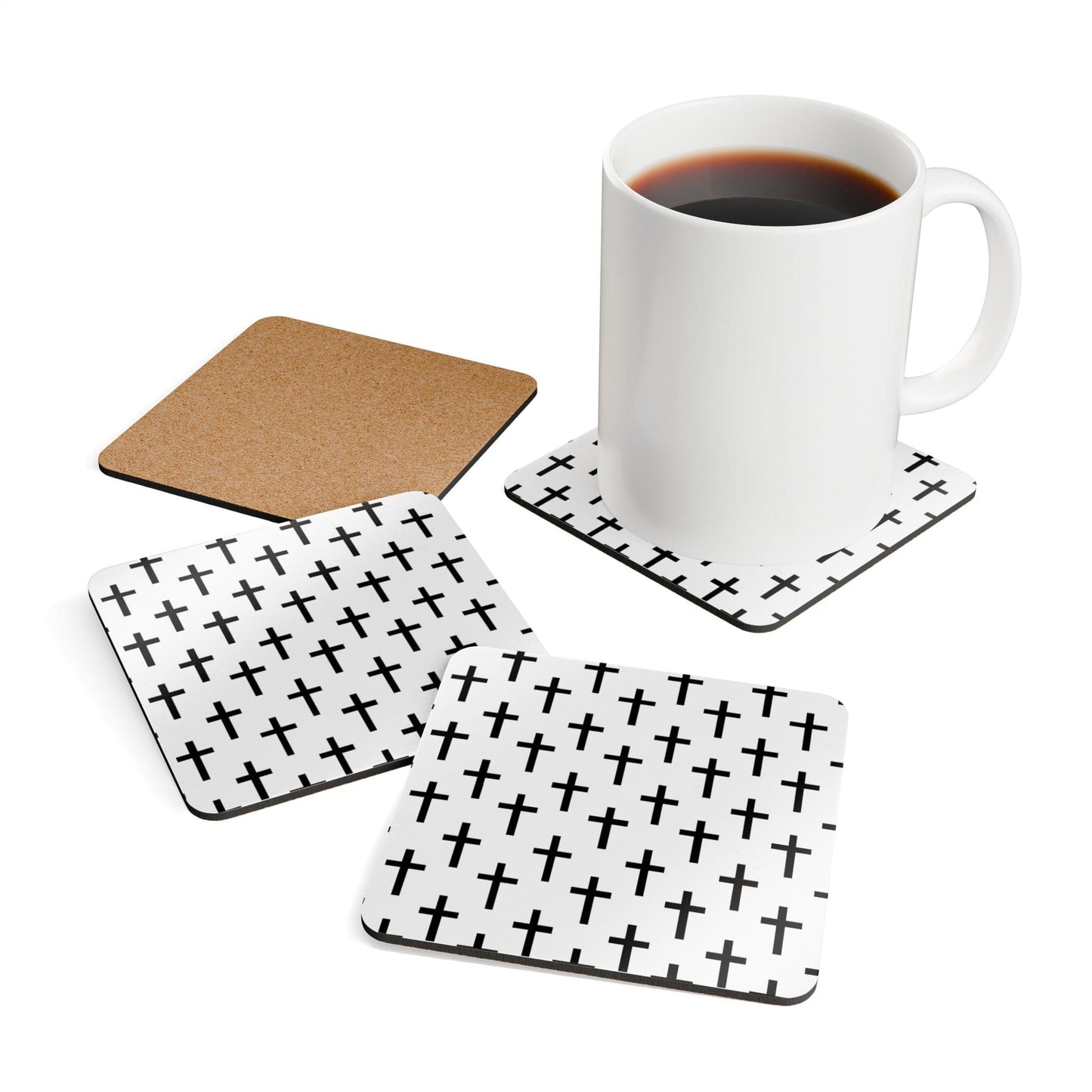 Handcrafted Square Coaster Set of 4 White Black Cross Print-3