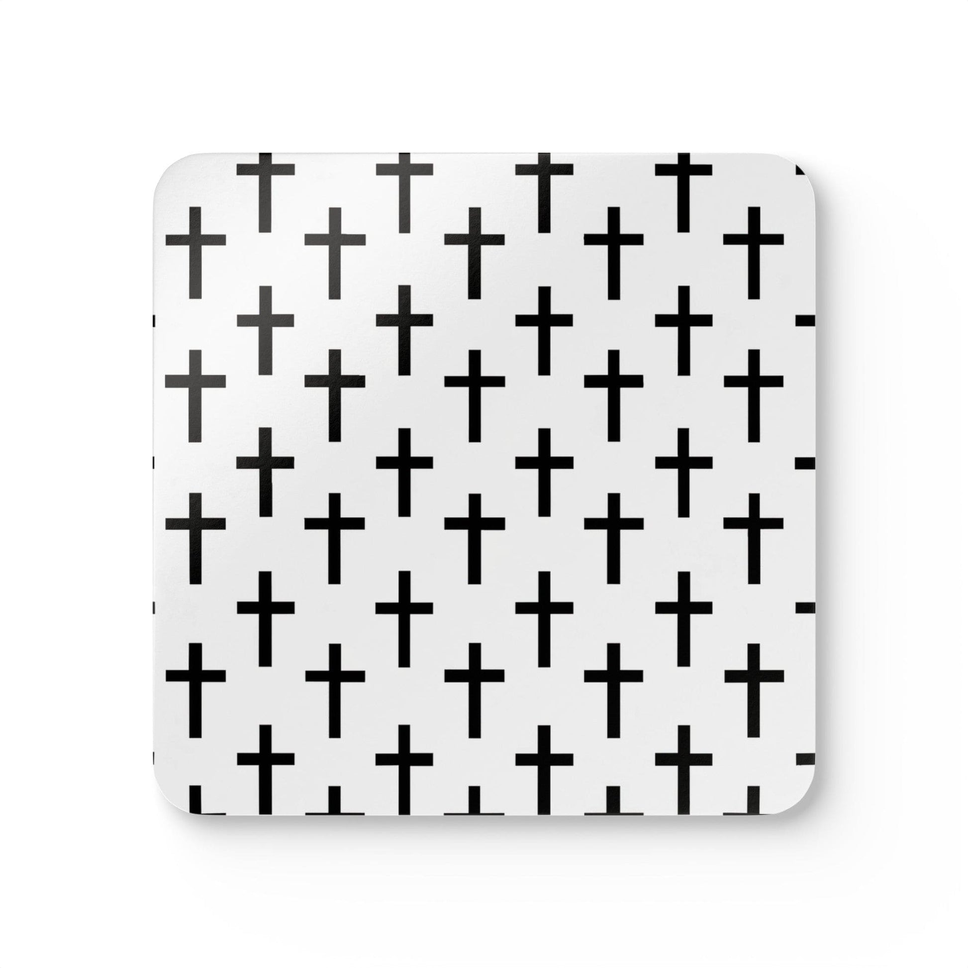 Handcrafted Square Coaster Set of 4 White Black Cross Print-0