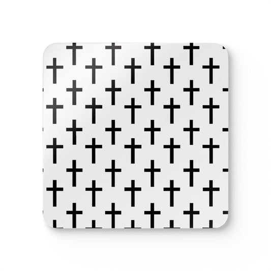 Handcrafted Square Coaster Set of 4 White Black Cross Print-0